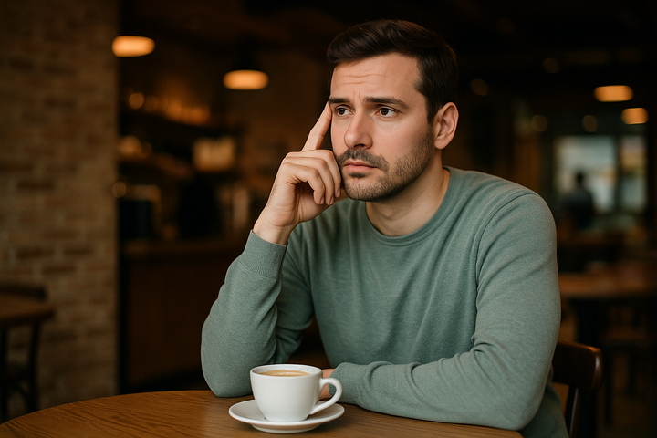  man lost in thought over a cappuccino