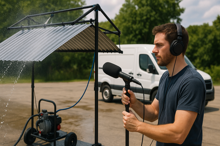 Audio technician records artificial rain on a tin roof with a shotgun mic beside a mobile rig and van.
