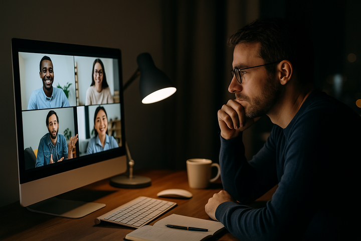 night-owl team call with faces from across the globe