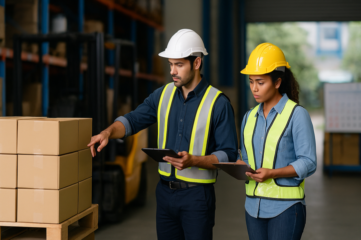 two warehouse team members scrutinising palletised boxes before the CNY shutdown.