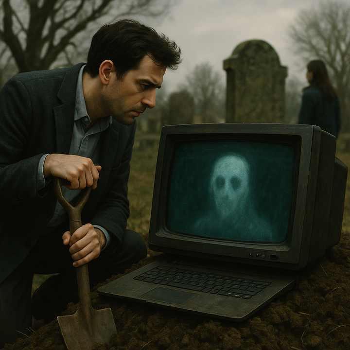 A man in a dark suit kneels in a misty graveyard, gripping a rusty shovel as he examines an old monitor half-buried showing a ghostly face.