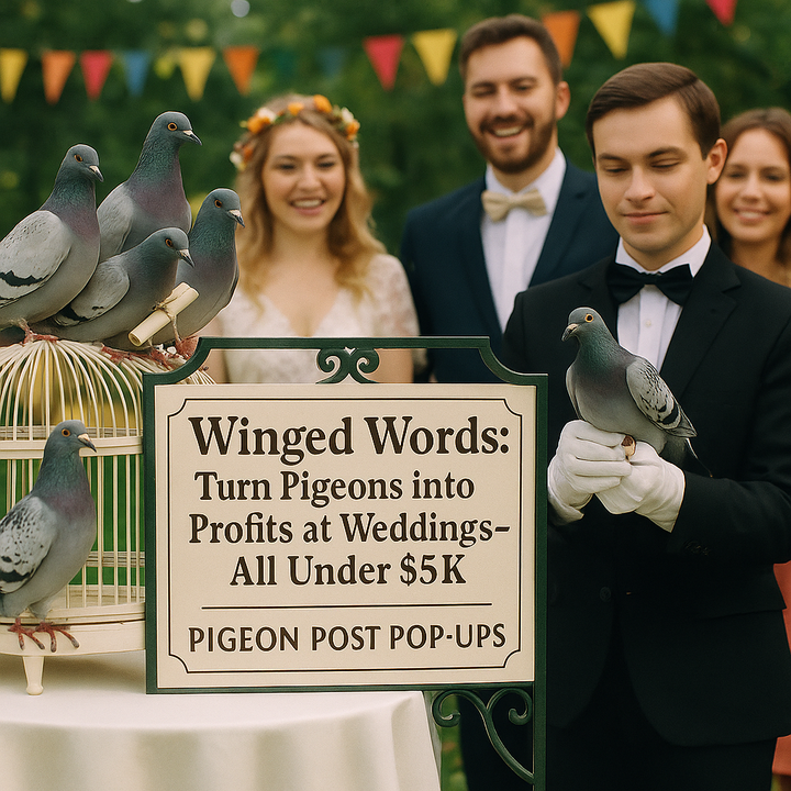 Wedding guests watch pigeons and a handler at a festive event with vintage decor and banners.