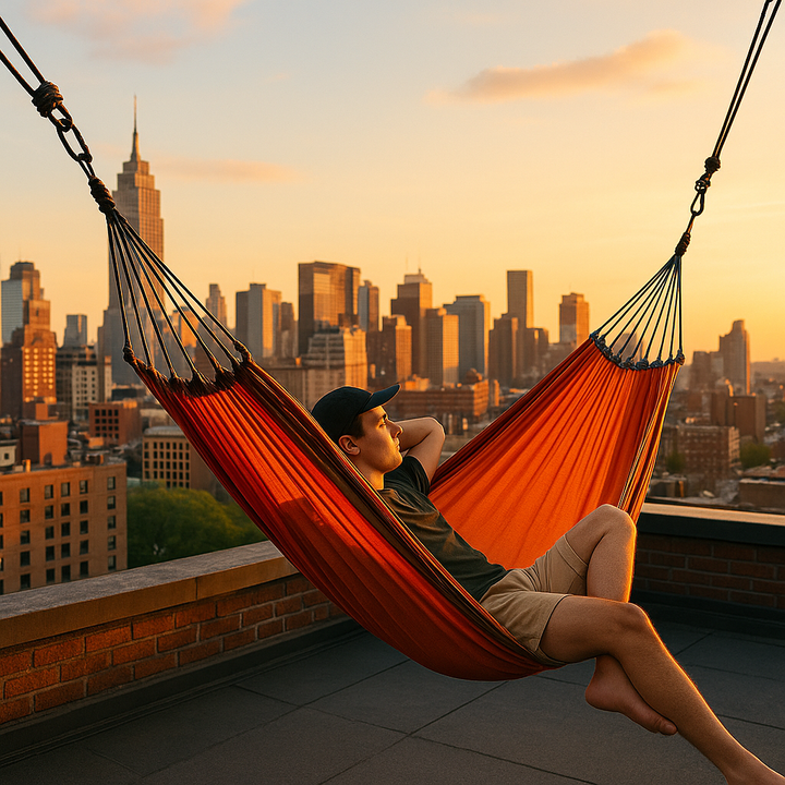 A guy in a hammock during golden-hour, with the city skyline in the background