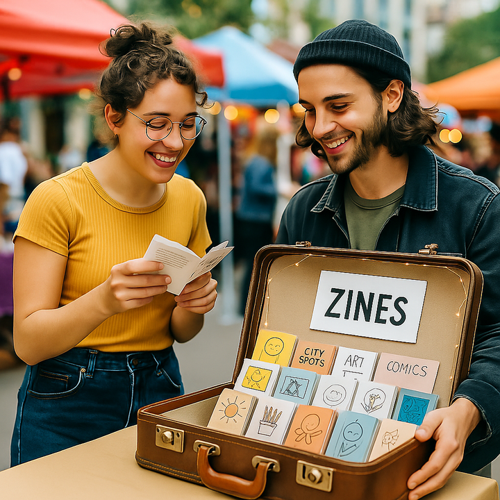 A daytime craft market with two hip twenty‑somethings browsing tiny zines displayed inside an open vintage suitcase; in a joyful colorful vibe