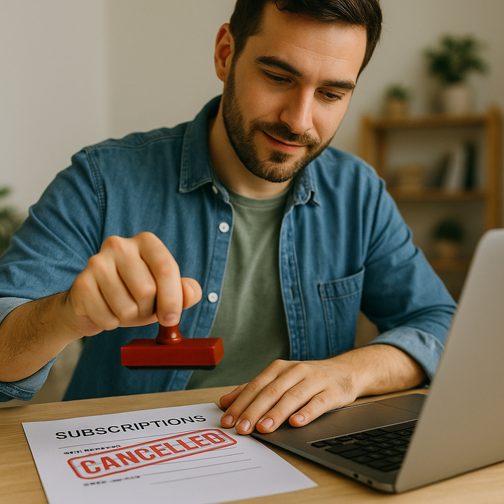 one person decisively stamping “CANCELLED” on a subscription list in a calm home-office setting