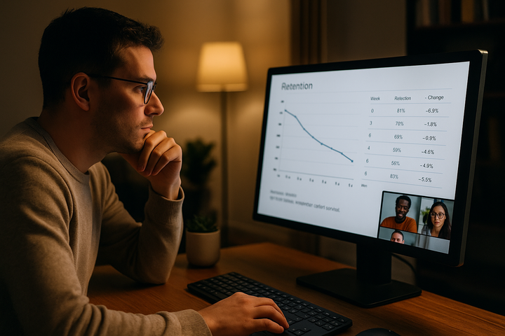 founder laser-focused on a retention curve, with teammates on a video call.