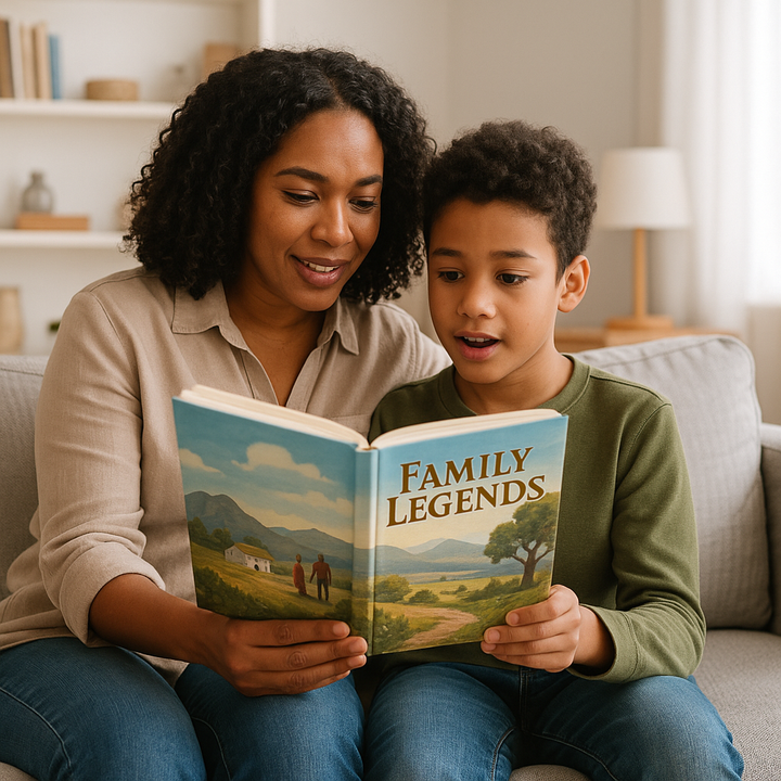 A mother reading imaginary family legends to her son