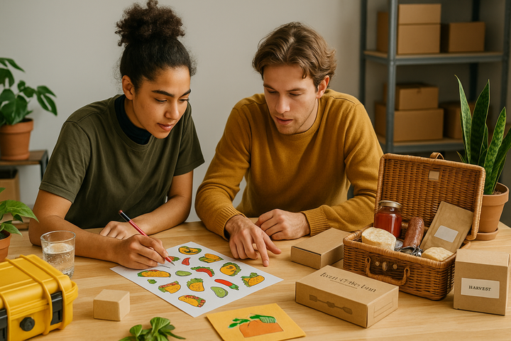 Two young creators sit at a sunlit table covered with stuff, including a hamper