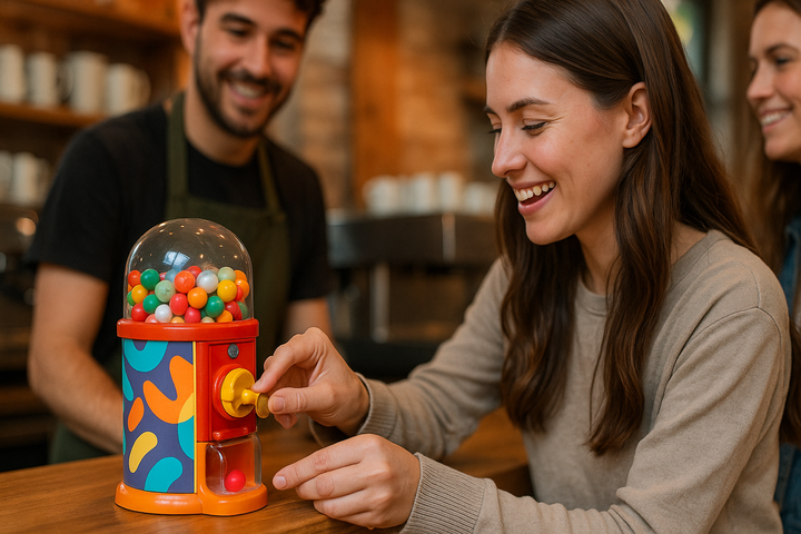 Woman inserts coin into tiny colorful capsule dispenser on café counter; smiling barista watches behind her.
