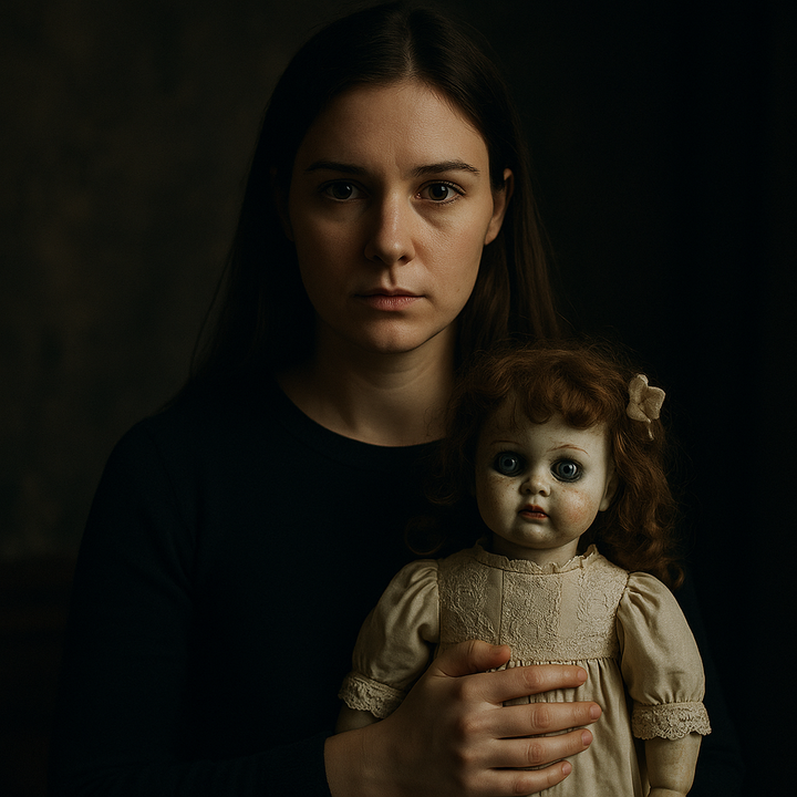 moody header shot featuring a woman clutching a cracked-porcelain haunted doll