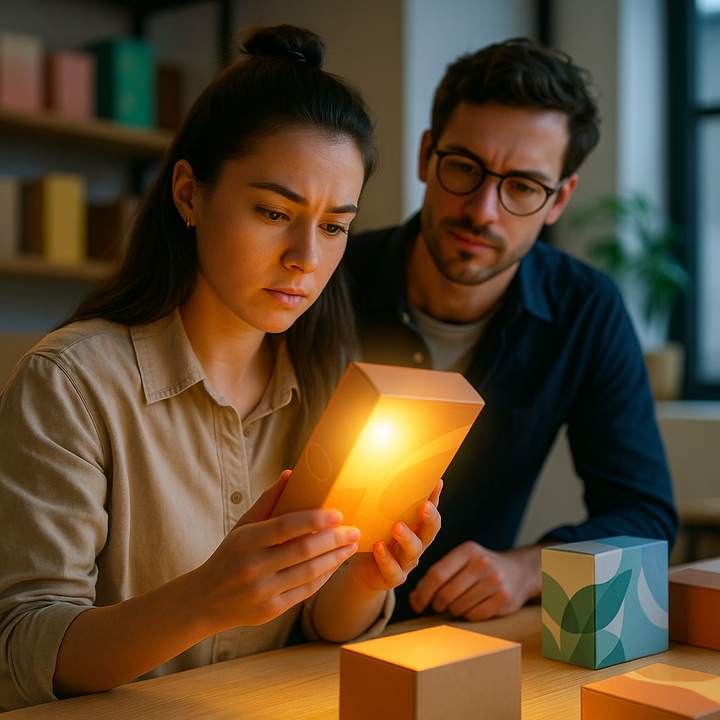 two designers inspecting a glowing prototype box in a clean studio