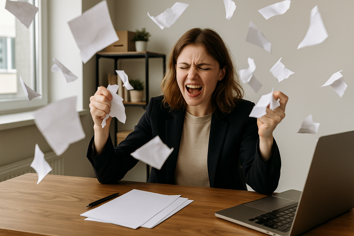 papers flying, a woman mid-shout—captures the naming-fail frustration while trying to search for a trademark name.