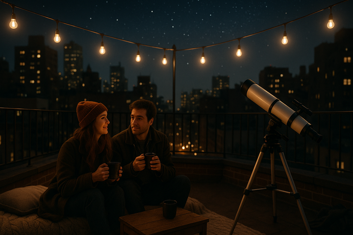 A couple stargazing on a roof with a telescope