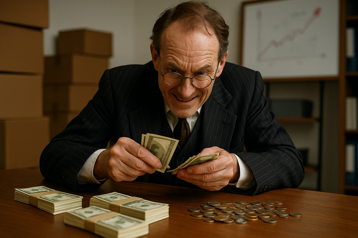 a pin-striped “Scrooge” gleefully counting cash with boxes and a growth chart behind him