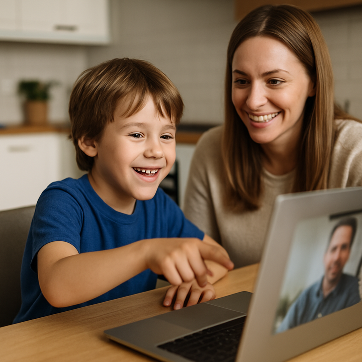 Smiling 8-year-old pointing at laptop during video call, mother beside him, modern kitchen background.