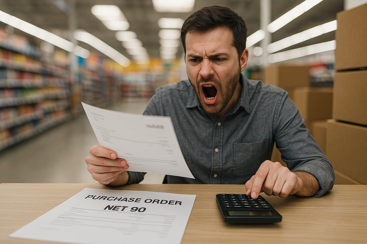 a seller in a big-box aisle, clutching an invoice that screams “Net 90” while beating a calculator, the exact cash-flow panic moment.