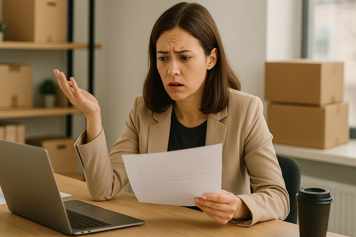 a businesswoman frozen mid-reaction, one hand raised, supplier email in the other—boxed inventory stacked behind her.