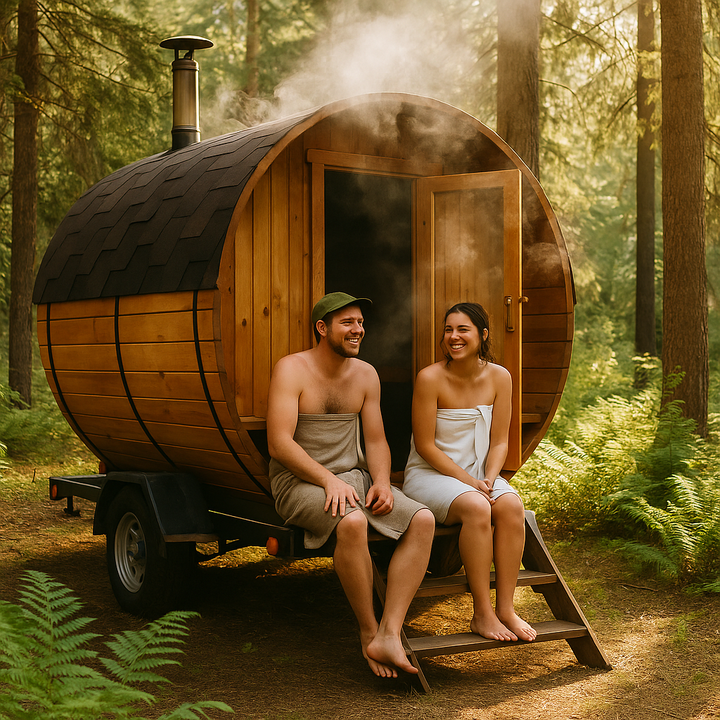 Two hikers in towels relax on a wood-fired barrel sauna in a sunny forest clearing.