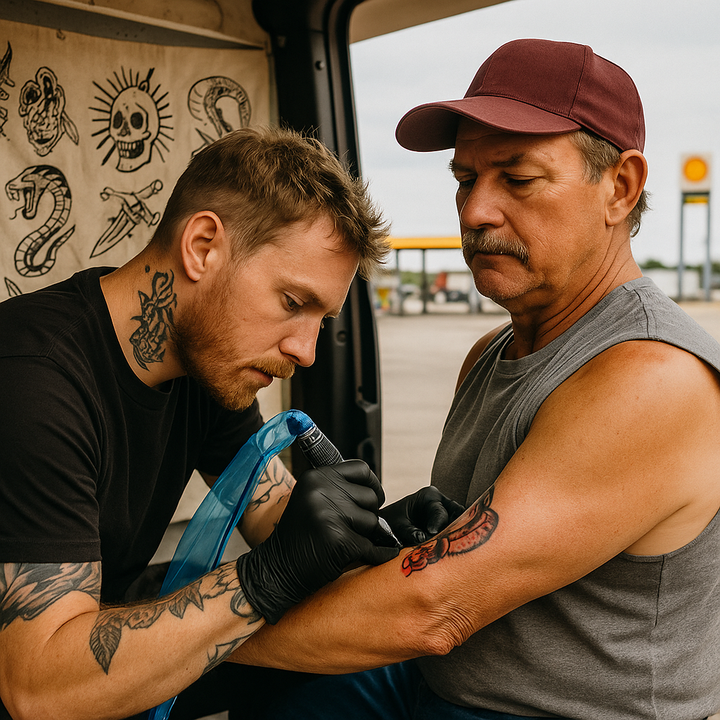A man putting that tattoo on a trucker