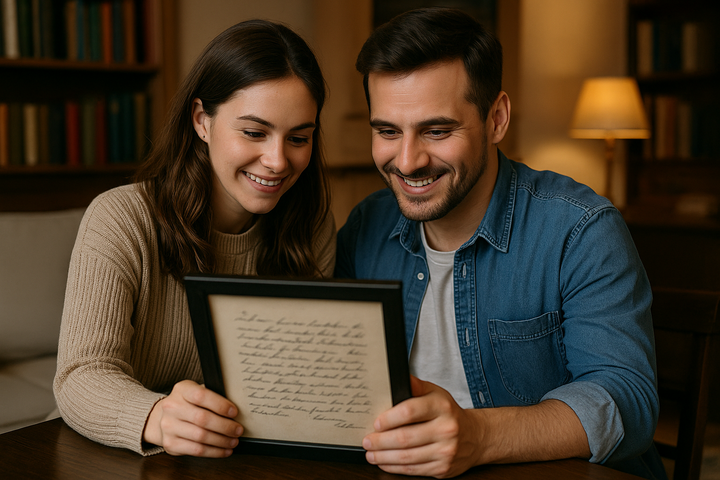 Young couple smiles, reading framed restored letter facing them in a cozy study.