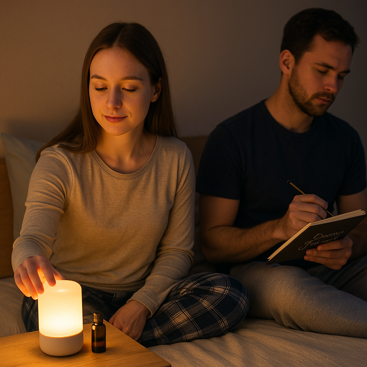 A woman in a nighttime ritual to calm her down. A partner is sitting next to her, writing notes