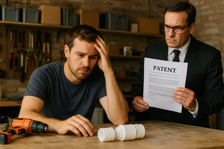 Stressed creator next to man in stern suit holding a “PATENT” notice, prototype on the bench. A perfect snapshot of troll intimidation.